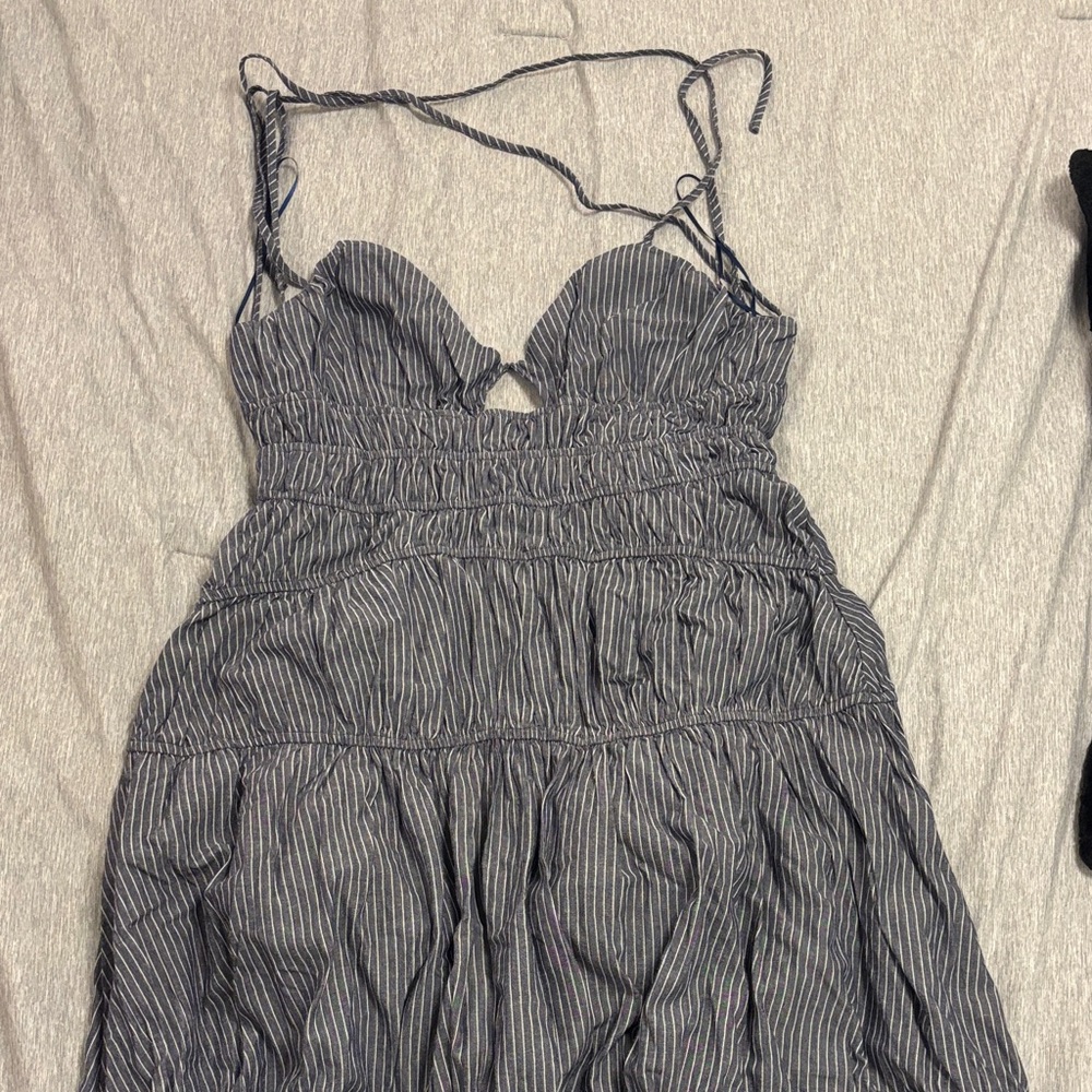 Vici Gray Striped Backless Tie Dress